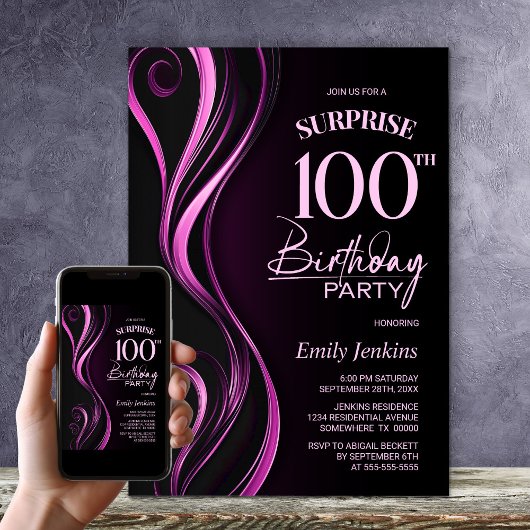 ブラックとピンクのサプライズ100歳の誕生日パーティー 招待状