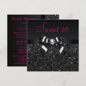 ブラックとピンクのスパンコールとリボン付き ダイヤモンド ピンク スイート16 招待状 (正面/裏面)