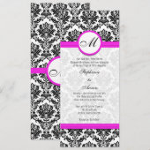 ブラックとピンクのダマスク モノグラム 結婚式招待状 招待状 (正面/裏面)