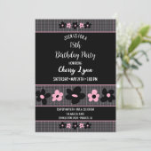 ブラックとピンクのフローラピンストライプ誕生日 招待状 (スタンド正面)
