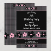 ブラックとピンクのフローラピンストライプ誕生日 招待状 (正面/裏面)