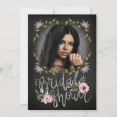 ブラックとピンクのフローラユニークフォトブライダルシャワー 招待状 (正面)