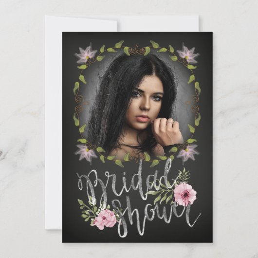 ブラックとピンクのフローラユニークフォトブライダルシャワー 招待状 (正面)