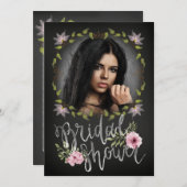 ブラックとピンクのフローラユニークフォトブライダルシャワー 招待状 (正面/裏面)