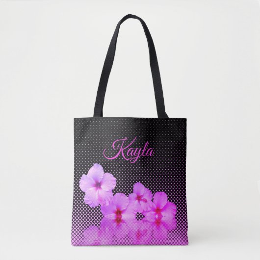 ブラックとピンクのホットピンクハイビスカス市松模様に トートバッグ (正面)