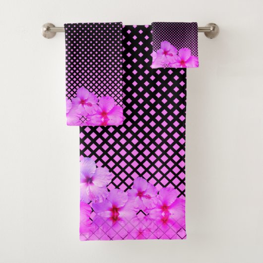 ブラックとピンクのホットピンクハイビスカス市松模様に バスタオルセット (インサイチュ)