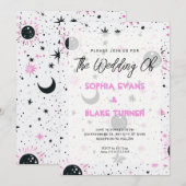 ブラックとピンクの天体太陽月星の結婚式 招待状 (正面/裏面)