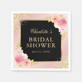 ブラックとピンクの水カラーフローラブライダルシャワー スタンダードカクテルナプキン (正面)