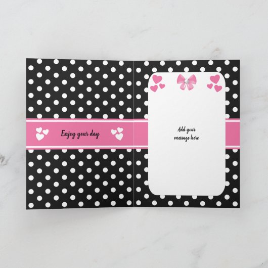 ブラックとピンクの水玉模様の写真の誕生日の挨拶 カード (内部)