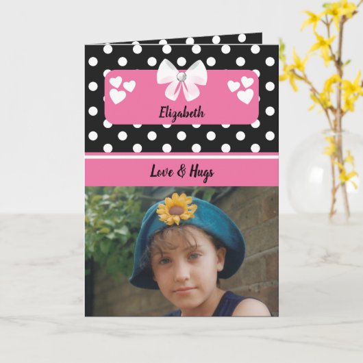 ブラックとピンクの水玉模様の写真の誕生日の挨拶 カード (黄色い花)