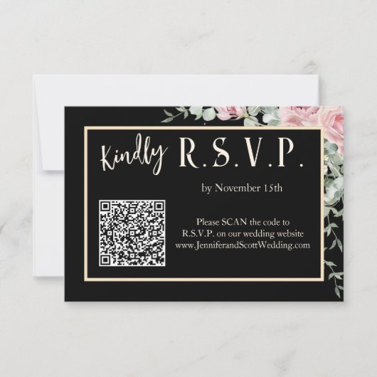 ブラックとピンクの花のボヘミアンスタイルの結婚式招待状 RSVP (正面)