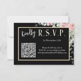 ブラックとピンクの花のボヘミアンスタイルの結婚式招待状 RSVP