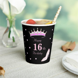 ブラックとピンクの16歳の誕生日おめでとう 紙コップ