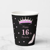 ブラックとピンクの16歳の誕生日おめでとう 紙コップ (正面)