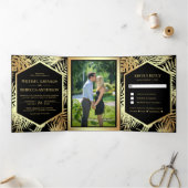 ブラックとフェイクゴールドフォイルのトロピカルパーム結婚ズ 三つ折り招待状 (内部)