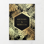 ブラックとフェイクゴールドフォイルのトロピカルパーム結婚ズ 三つ折り招待状 (カバー)