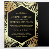 ブラックとフェイクゴールドフォイルのトロピカルパーム結婚ズ 三つ折り招待状 (内部最初)