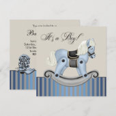 ブラックとブルーのロッキングホースベイビーシャワー 招待状 (正面/裏面)