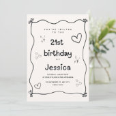 ブラックとベージュのハート ミニマルな誕生日招待状 招待状 (スタンド正面)