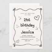 ブラックとベージュのハート ミニマルな誕生日招待状 招待状 (正面/裏面)