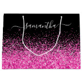 ブラックとホットピンクのグリッターエレガント名 ラージペーパーバッグ (正面)