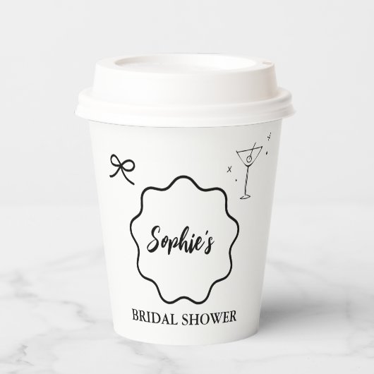 ブラックとホワイトのウェーブレトロボーダー ブライダルシャワー 紙コップ (正面)