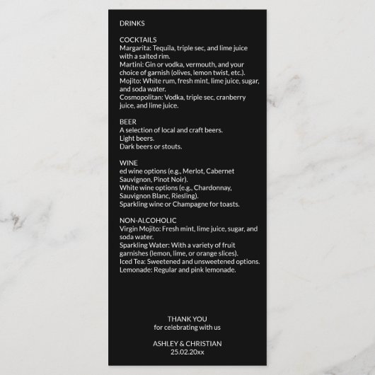 ブラックとホワイトのエレガントなボヘミアンワディングテンプレート メニュー (裏面)