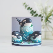 ブラックとホワイトのオルカクジラの3層バースデーケーキ カード (スタンド正面)