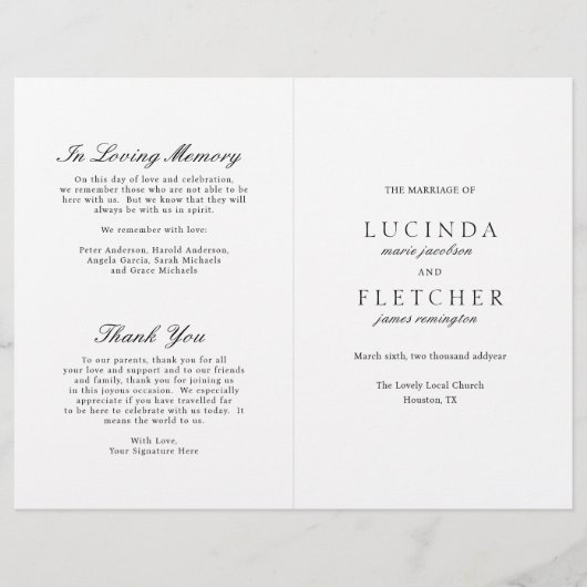 ブラックとホワイトのオールドマネー エレガントなウェディングプログラム (正面)