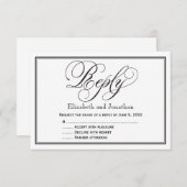 ブラックとホワイトのカリグラフィー結婚式返信カード 出欠カード (正面/裏面)