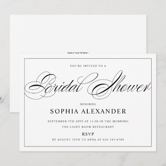 ブラックとホワイトのカリグラフィー エレガント ブライダルシャワー 招待状 (正面/裏面)