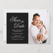 ブラックとホワイトのクラシックなファンシーカリグラフィー写真 セーブザデート (正面)