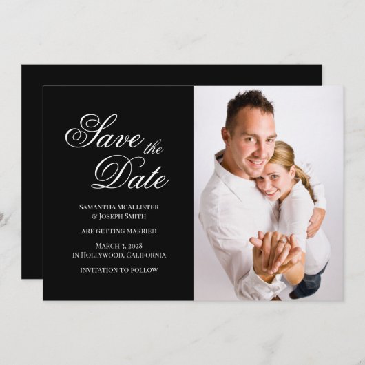 ブラックとホワイトのクラシックなファンシーカリグラフィー写真 セーブザデート (正面/裏面)