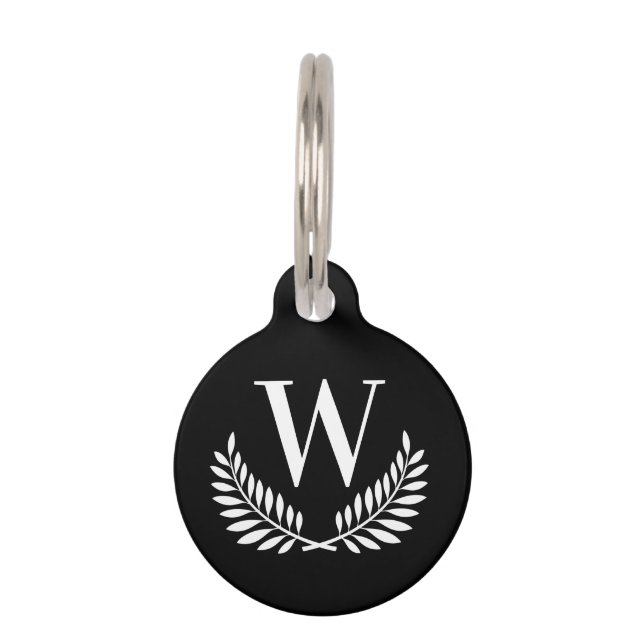 ブラックとホワイトのクラシックな花輪のモノグラムイニシャル犬 ペット　ネームタグ (正面)