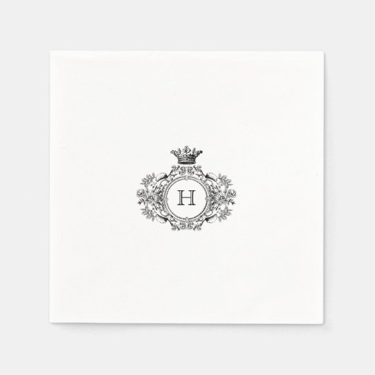 ブラックとホワイトのクレストモノグラム ウェディング スタンダードカクテルナプキン (正面)