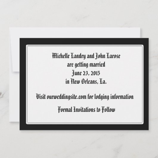 ブラックとホワイトのクローム フルール ド リス セーブ ザ デート セーブザデート (裏面)