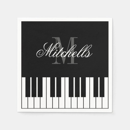 ブラックとホワイトのグランドピアノの鍵盤カスタムモノグラム スタンダードカクテルナプキン (正面)