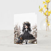 ブラックとホワイトのゴシックスタイルのダックスフンドの感謝カード カード (黄色い花)