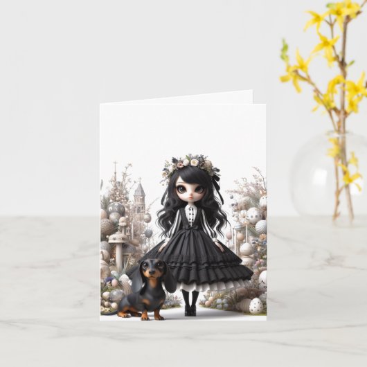 ブラックとホワイトのゴシックスタイルのダックスフンドの感謝カード カード (黄色い花)