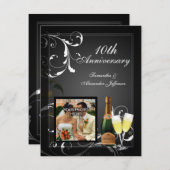 ブラックとホワイトのシルバーシャンパンフォトアニバーサリー 招待状 (正面/裏面)
