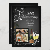 ブラックとホワイトのシルバーシャンパンフォトアニバーサリー 招待状 (正面/裏面)