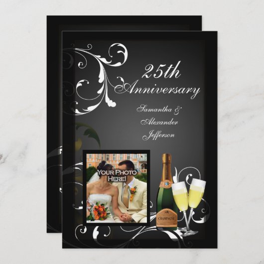 ブラックとホワイトのシルバーシャンパンフォトアニバーサリー 招待状 (正面/裏面)