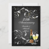 ブラックとホワイトのシルバーシャンパン記念日 招待状 (正面)