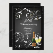 ブラックとホワイトのシルバーシャンパン記念日 招待状 (正面/裏面)