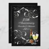 ブラックとホワイトのシルバーシャンパン記念日 招待状 (正面/裏面)