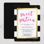 ブラックとホワイトのストライプとゴールドのスイートシックスティーン 招待状 (正面/裏面)