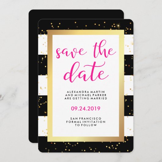 ブラックとホワイトのストライプにゴールドの「Save the Date」 セーブザデート (正面/裏面)