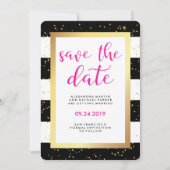 ブラックとホワイトのストライプにゴールドの「Save the Date」 セーブザデート (正面)