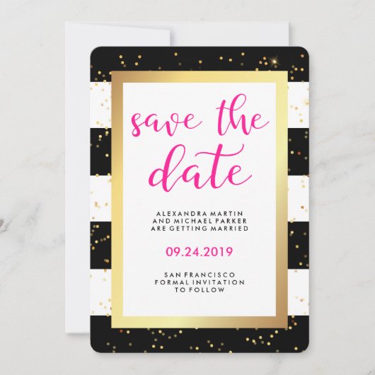 ブラックとホワイトのストライプにゴールドの「Save the Date」 セーブザデート (正面)