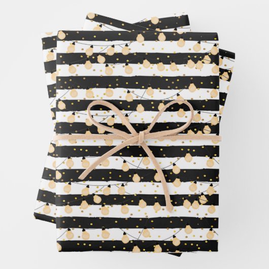 ブラックとホワイトのストライプにライトの文字列 ラッピングペーパーシート (インサイチュ)